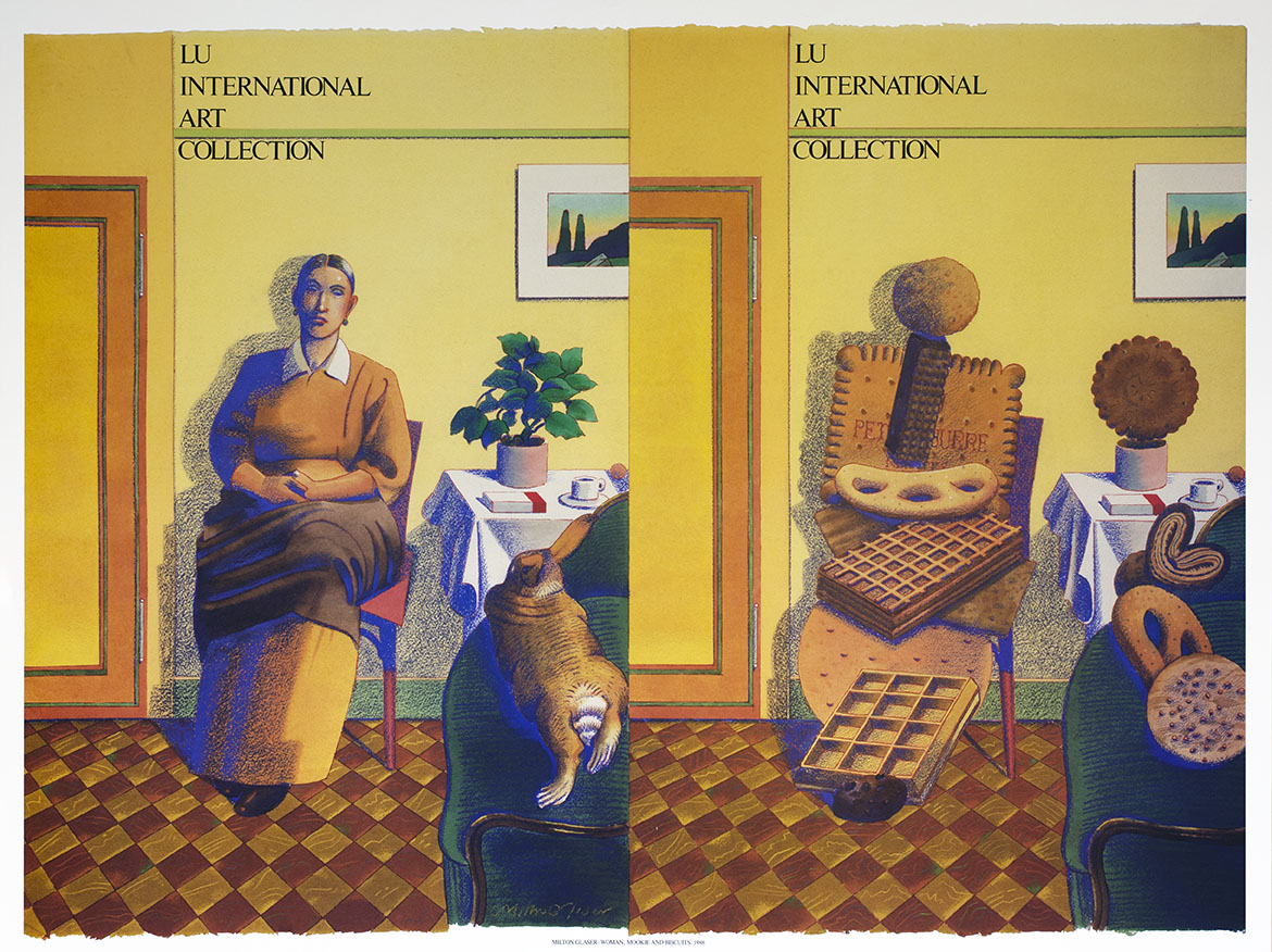 Woman sitting in chair with rabbit, next to surreal portrait of woman and rabbit as cookies